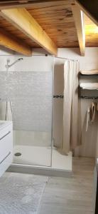 La salle de bains est pourvue d'une douche avec une porte en verre. dans l'établissement Au Saint Timothée près Caves Champagne, à Reims