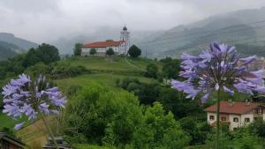 een kerk op een heuvel met paarse bloemen bij ABARAXKA Azkoitia Hostel in Azcoitia