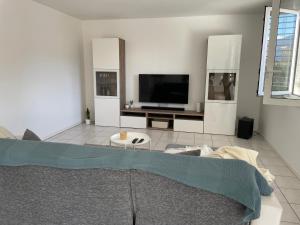 sala de estar con sofá y TV de pantalla plana en Locarno-Muralto: Raggio di Sole, en Muralto