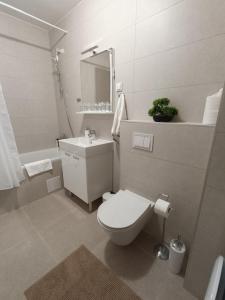 a bathroom with a toilet and a sink and a mirror at Apartman LEO in Velika Gorica