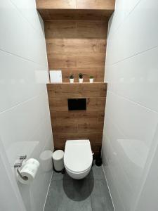 uma pequena casa de banho com um WC branco num quarto em Apartament Błękitna em Gdynia