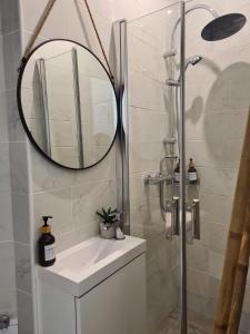 une salle de bains avec douche, lavabo et miroir dans l'établissement Cosy studio VIEUX NICE à 2 pas de la MER, à Nice