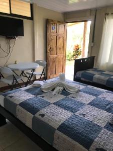 a bedroom with two beds and a table and a table at Hope Garden in Sarapiquí
