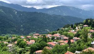 une ville dans une vallée avec des montagnes en arrière-plan dans l'établissement ΤΟ ΑΡΧΟΝΤΙΚΟ, à Kríkellon