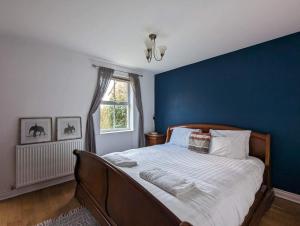 a bedroom with a bed with blue walls and a window at Kirkwood Drive in Durham