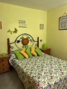 a bedroom with a bed with green and yellow pillows at ApartBeach Wyliana in Candelaria