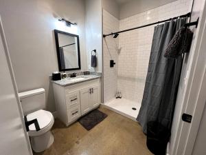 y baño con aseo, lavabo y ducha. en BNA Carpet Condo - 4 miles to DT en Nashville