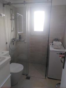 a bathroom with a shower with a toilet and a sink at aris sweet home 2 in Athens