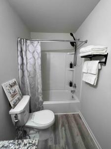 y baño con aseo blanco y ducha. en HomeTel Premium Guest Suite w/ Private Entrance en Ypsilanti