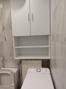 un piccolo bagno con lavandino e armadietto bianco di Cozy Studio ad Atene