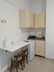 una cucina con 2 sedie e un frigorifero bianco di Cozy Studio ad Atene