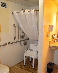 a bathroom with a toilet and a shower at AmericInn by Wyndham Spencer in Spencer