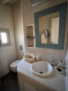 a bathroom with a sink and a toilet and a mirror at Villa Gaia in Sarakíniko