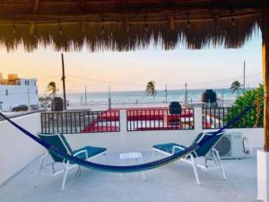 uma rede de descanso e cadeiras num pátio com praia em Casa Coral in Progreso em Progreso