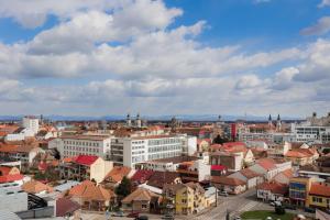 een uitzicht op een stad met gebouwen en een bewolkte lucht bij Plaza Apartment in Satu Mare