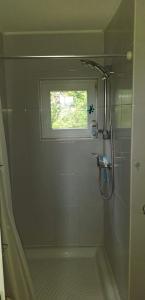 y baño con ducha y ventana. en Kuća za odmor Voćak, en Gornja Voća