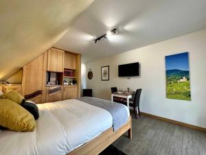 1 dormitorio con 1 cama y escritorio con TV en Les Chambres Du Vignoble en Ammerschwihr