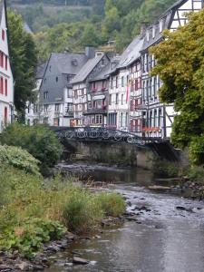 a bridge over a river in a town with houses at An der Rur - 4 Apartments mitten in Monschau in Monschau