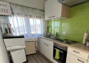 a kitchen with green and white appliances and a window at Ferien- und Businesswohnung Sonnentor Dreiländereck im zweiten Stock in Sonnen