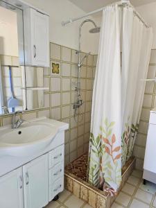 a bathroom with a sink and a shower curtain at La maison aux Orchidées in Petit-Bourg
