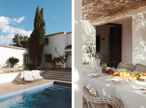 a dining table and a swimming pool next to a house at The Collector's House Finca with sea view in Mijas
