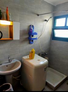 a small bathroom with a toilet and a sink at 2 bedroom challet with private garden at Riviera beach resort Ras Sudr,Families only in Ras Sedr