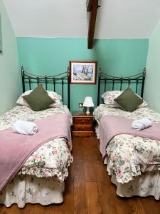 two beds in a room with blue walls at Cwmgwn Farm in Llandovery