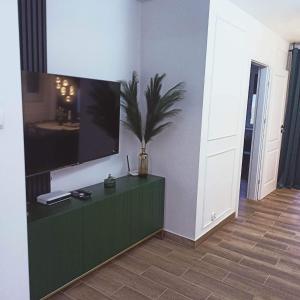 赫爾的住宿－BaltikApart，客厅设有绿色橱柜,墙上配有电视