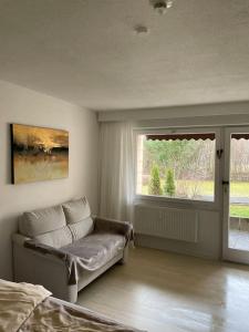 a living room with a couch and a window at Geschäfts- und Ferienwohnung 111 in Bad Urach