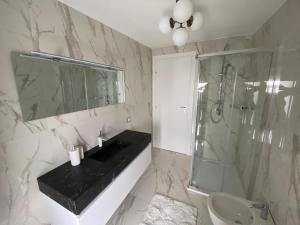 uma casa de banho com um lavatório e uma cabina de duche em vidro. em Appartamento al Mare em Montepaone Lido