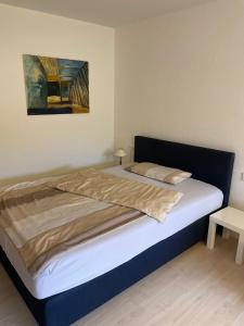 a bed in a bedroom with a painting on the wall at Geschäfts- und Ferienwohnung 111 in Bad Urach