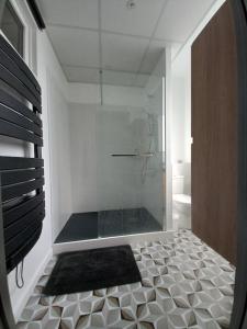 a bathroom with a shower with a glass door at Charmant T2 rénové et climatisé chez Cathy in Ceyrat
