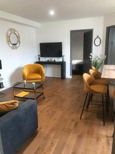 a living room with a couch and chairs and a television at Charmant T2 rénové et climatisé chez Cathy in Ceyrat