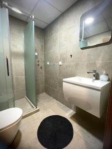 y baño con aseo, lavabo y ducha. en Apartman Nikol, en Kumanovo