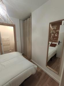 a white bedroom with a mirror and a bed at Calme et cosy, proche hyper centre de Nantes in Nantes