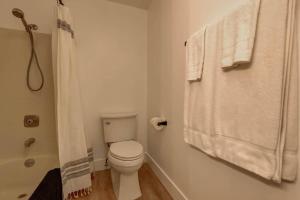 a bathroom with a toilet and a shower with towels at Cozy Mountain Getaway - 2 Bedroom + Loft (Pet-Friendly!) in Brian Head