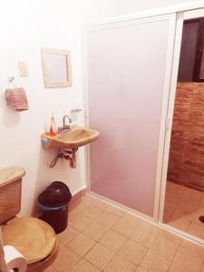 y baño con ducha, lavabo y aseo. en Azomalli en Tepoztlán