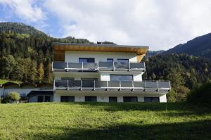 un bâtiment avec balcon sur le côté d'une colline dans l'établissement Apartment Hanna, à Ramsau im Zillertal
