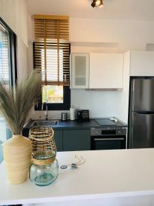 a kitchen with a vase with a plant on a counter at Casa al Mare in Nea Roda