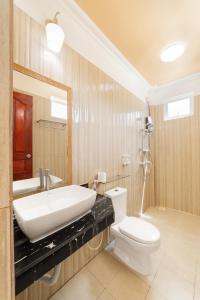 a bathroom with a sink and a toilet and a mirror at Sevinex Inn in Feridhoo