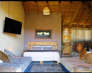 a bedroom with a bed and a tv and two couches at Hotel Bugamvillas Tapalpa extensión in Tapalpa
