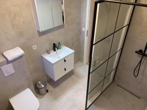 een badkamer met een witte wastafel en een douche bij Ghost Town Guest House 10 min from Airport in Hafnir