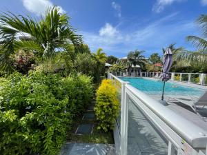 a balcony with a swimming pool and an umbrella at Hôtel & Villa Le Cocotel in Saint-François