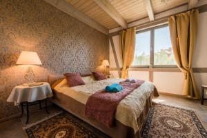 a bedroom with a large bed and a window at Villa Mela in Mikołajki