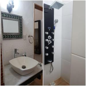 two pictures of a bathroom with a sink and a shower at LA INESITA in Santa Ana