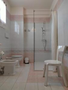 a bathroom with a shower and a toilet and a sink at La villetta d' angolo in Migliarino