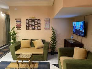 sala de estar con 2 sofás y TV de pantalla plana en Fancy apartment close to airport fully furnished, en El Cairo