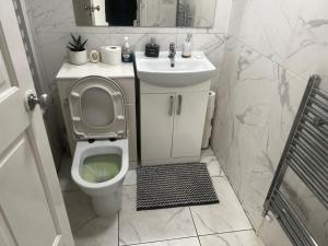 a small bathroom with a toilet and a sink at 13 Clifton Court - Lovely 2 bedroom flat with patio in Finsbury Park in London