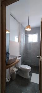 a bathroom with a toilet and a sink and a shower at Kite House Cabarete across Kite Beach in Cabarete