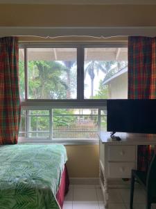 Schlafzimmer mit einem Bett, einem Schreibtisch und einem Fenster in der Unterkunft Family Comfort in Jamaica - Enjoy 7 miles of White Sand Beach! villa in Negril